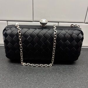 Black Satin Woven Chain Evening Clutch with Crystal Kiss Lock